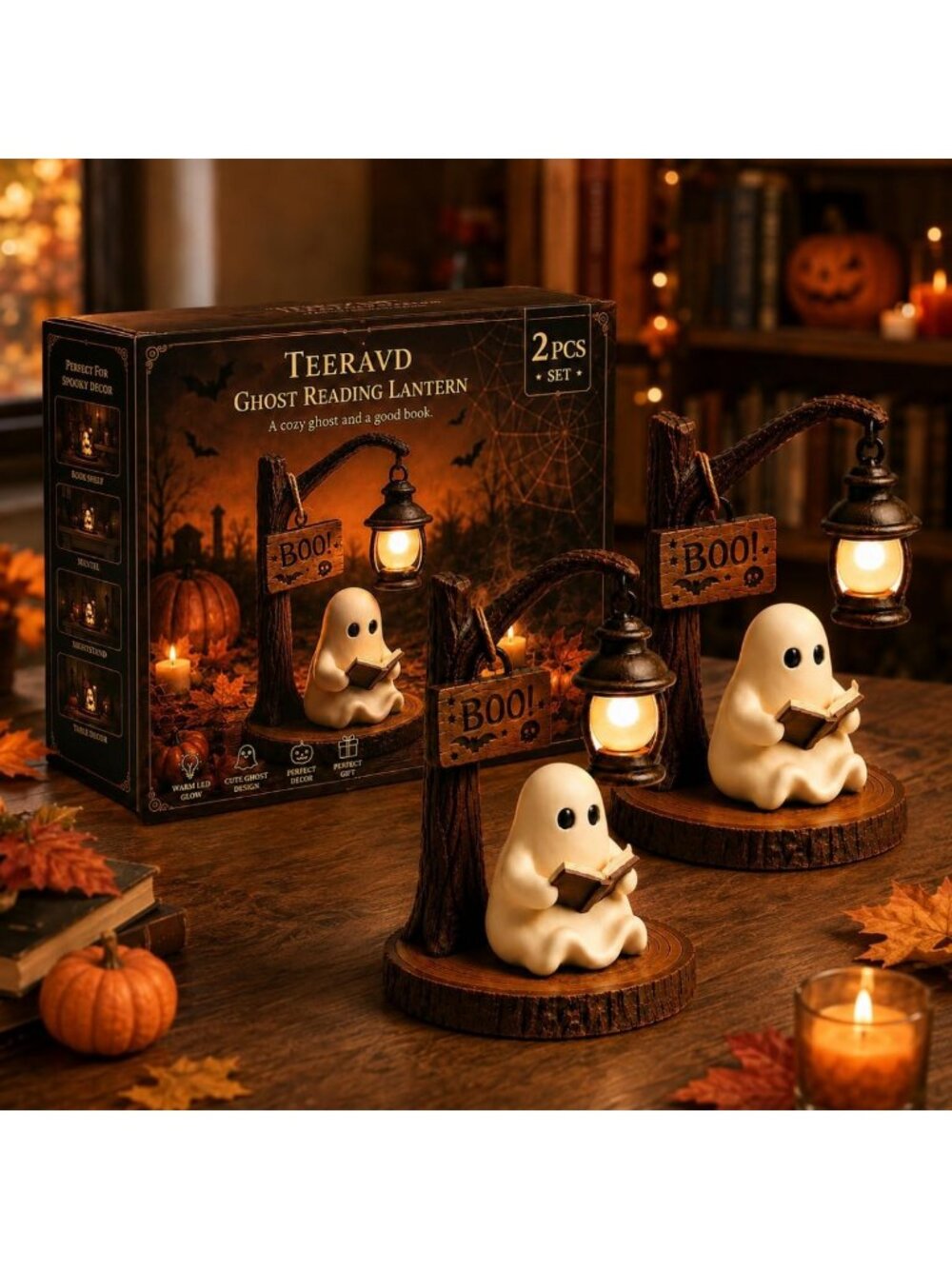 Adorable Halloween Ghost Lantern Nightlight - Vintage Book Nook Decor, Spooky